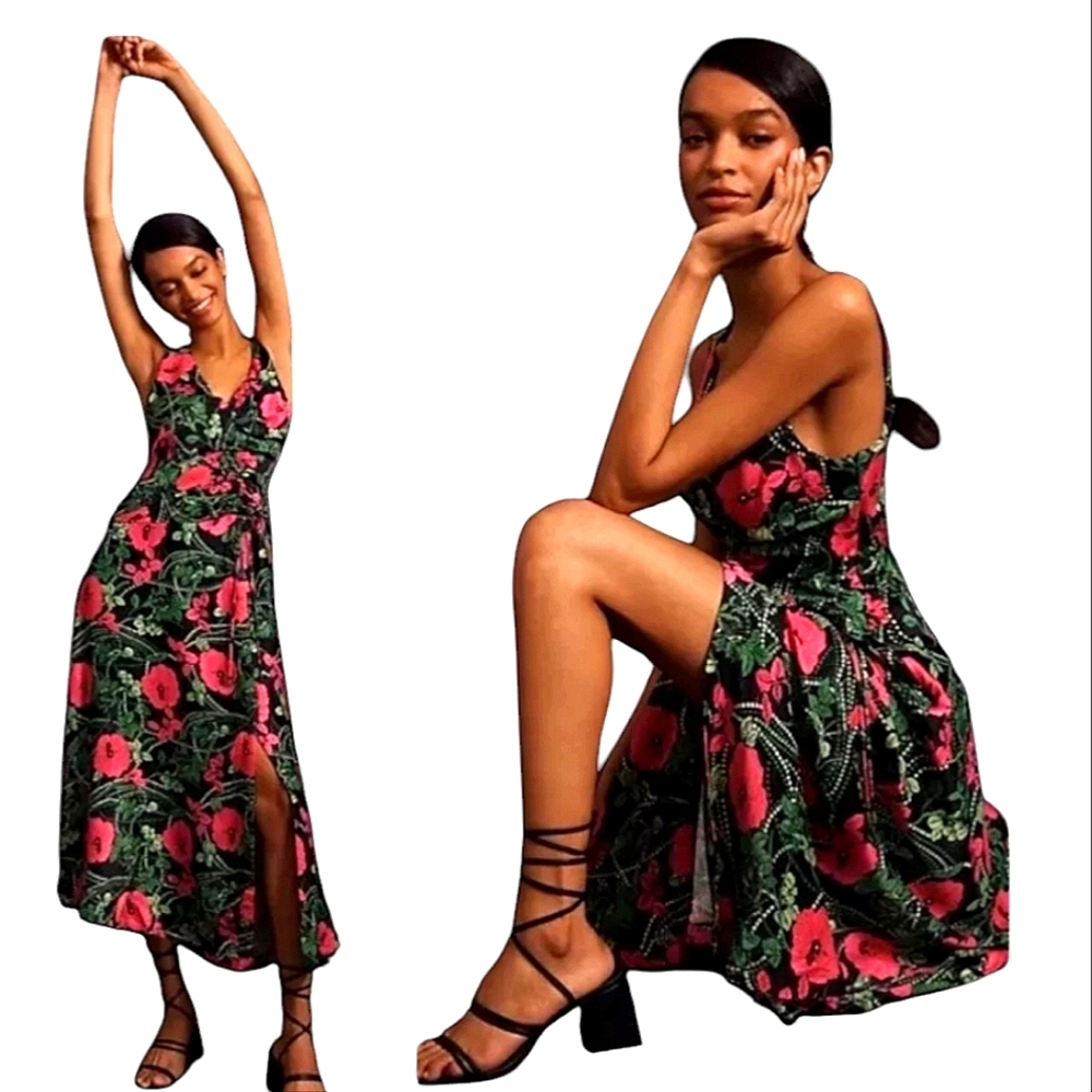 Maeve By Anthropologie Black Pink Floral Ruched Long Dress Size 13p